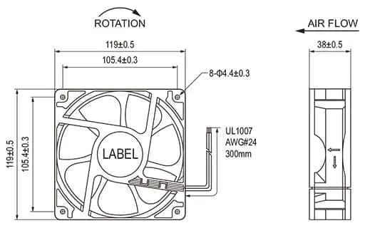 KÍCH THƯỚC DC12038 48VDC