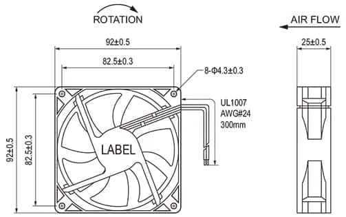 Quạt DC9225 24VDC – 92×92×25mm, Ball bearing, lưu lượng 1.8m³/phút 1 kích thước quạt tủ điện DC9225 24VDC NATURAL