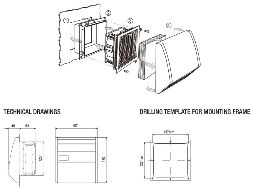 Tấm lọc thoát khí NTL-F125-W – chống mưa cho tủ điện ngoài trời 1 KÍCH THƯỚC tấm lọc chống mưa NTL-F125-W NATURAL