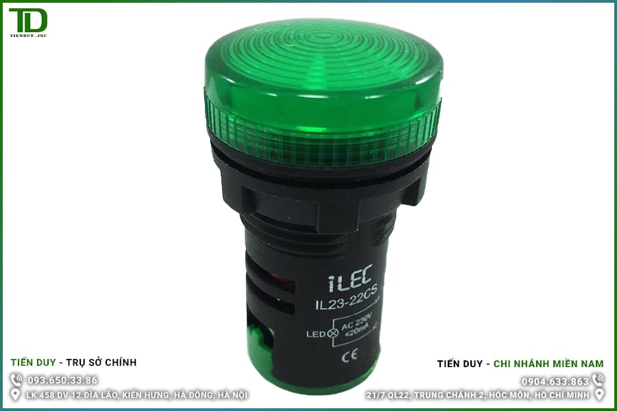 IL23-22CS-G Đèn Báo Pha ILEC 230VAC Màu Xanh Lá Nắp Vòm