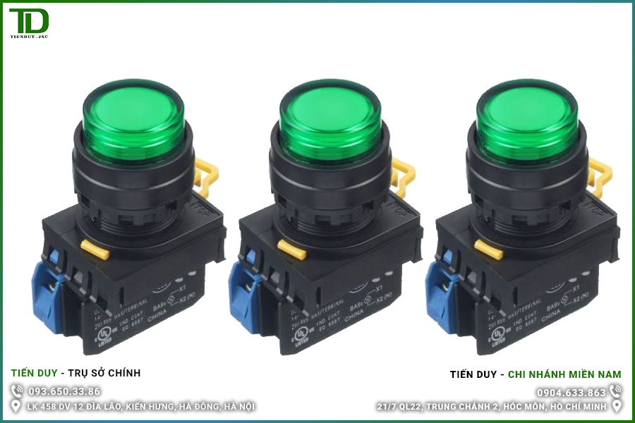 Nút nhấn nhả có đèn IDEC YW1L-M2E màu xanh lá phi 22