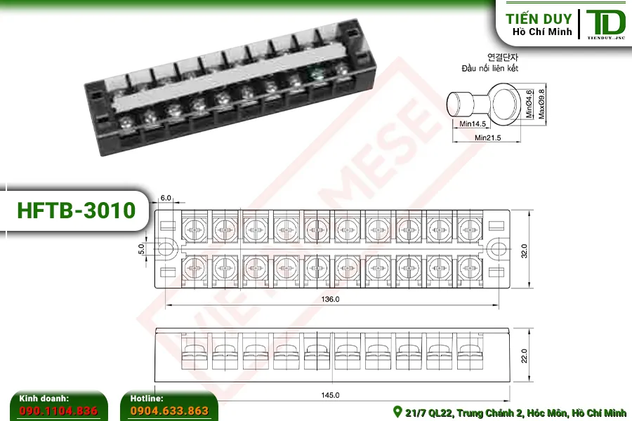 HFTB-3010 Cầu đấu khối Hivero 30A 10P: Kích thước | Tiến Duy Miền Nam