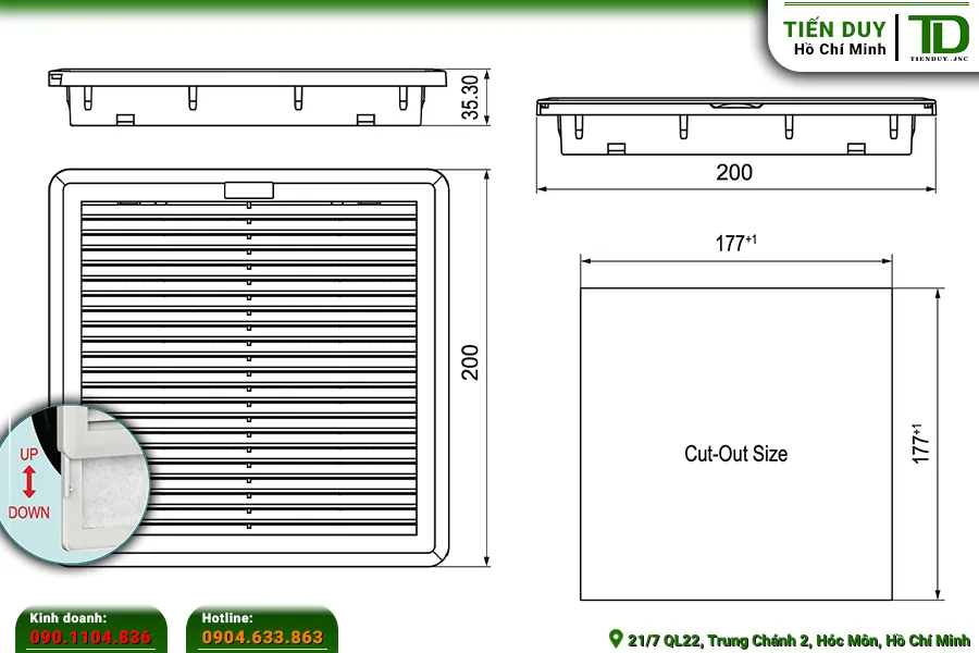 Thông số mã NTL-SF200 tấm lọc bụi tủ điện 200x200mm
